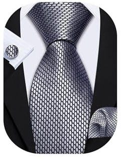 Barry.Wang Silver Grey Black Tie for Men Plaid Silk Necktie Handkerchief Cufflinks Set Formal Business Wedding Party