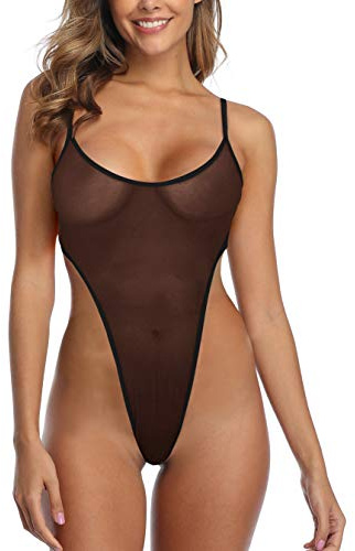 SHERRYLO genomskinlig baddräkt högt skuren mikromonokini bikini mini nät transparent baddräkt, Svart, L