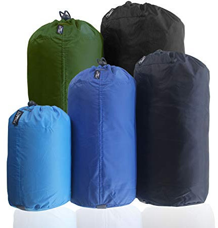 Frelaxy Packsack-Set, 5er-Pack (3 l, 5 l, 9 l, 15 l, 20 l), ultraleichte Taschen mit Staubklappe für Reisen, Wandern, Rucksackreisen, Himmelblau & Blau & Marineblau & Armeegrün & Schwarz,