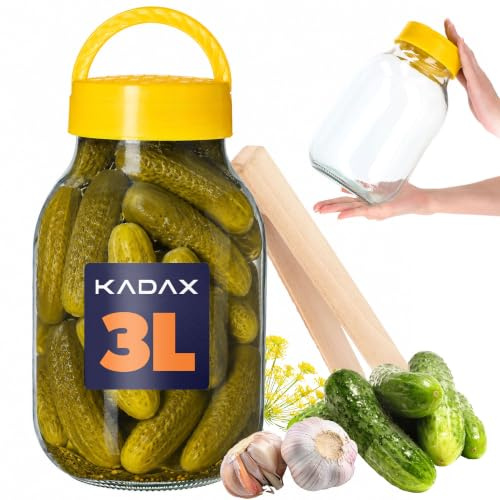 KADAX Investigatore pinze, vetro di cetriolo con coperchio in plastica, palloncino di vetro, vetro di stoccaggio per cetrioli, barattolo di muratore, conservazione ermetica (3L)