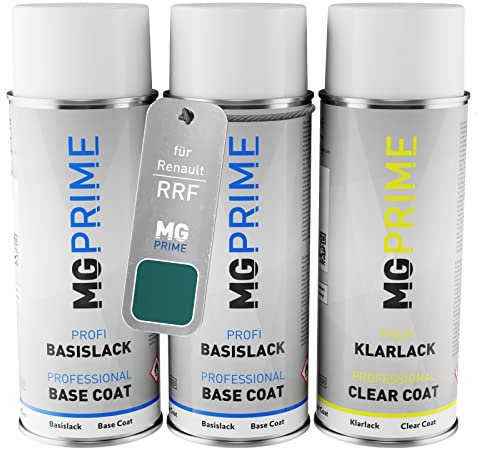 MG PRIME Autolack Spraydosen für Renault RRF Bleu Zanzibar Pearl + Klarlack | Sansibar-Blau Metallic, Set aus Grundlack + Basislack + Klarlack, Sprühdosen 400ml