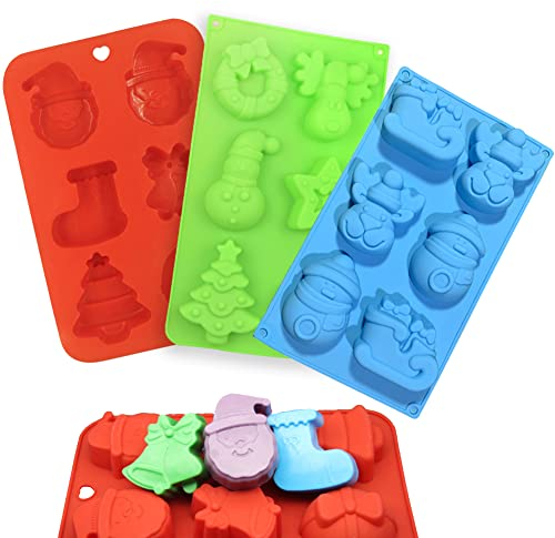 HONGECB Weihnachten Silikon Formen, Weihnachten Seifenform, Form von Weihnachtsbäumen, Rentier, Schlitten, Socken und Glocken, Silikon Backform, für Backen, Kuchen, Schokolade, 3 Stück