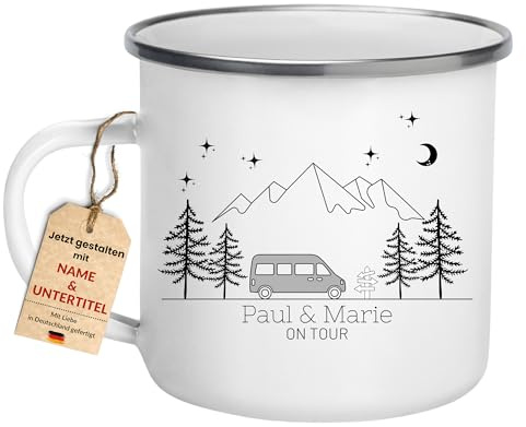 Little Mathilda Emaille Tasse bunter Camper Van Camping personalisierte Campingtasse mit Namen Kaffeetasse Zubehör Wohnwagen Edelstahl Becher Geschenk für Camper (Campingvan grau)