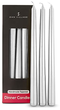 Zan Village Candle Company Taper Dinner Candles, 10 Pack, Long-Lasting 7-Hour Burn Time, Classic Long Venetian Style, Unscented, Dripless Candling, Made in The UK - Silver