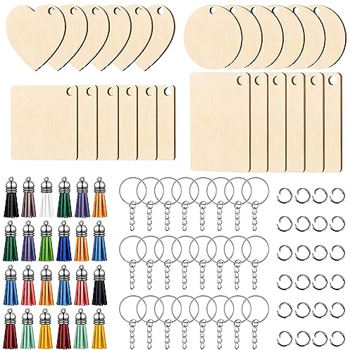 MIPIACE 96 Pcs Wooden Keyring Blanks Wooden Key Rings for DIY Crafting Gift | Wooden Blanks for Keyrings Blank Woodens Keyring with Keychain Jump Rings Colourful Tassels Woodens Key Chain Blank