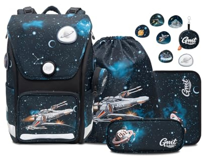 GMT for Kids Schulrucksack Set 6-teilig Ergonomische Schultasche Jungen Mädchen Schulranzen für 1-4. Klasse Spritzwassergeschützt Daypack Grundschule Raumschiff Schultaschen Rucksack 23 L