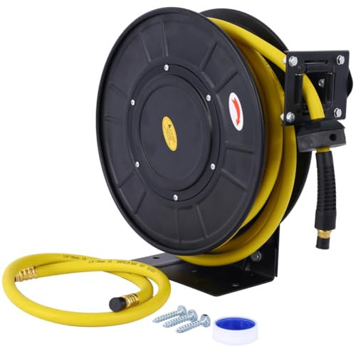 Air Reel Retractable, Industrial 3/8 Inch x 50' Feet Long Premium Commercial Flex Hybrid Polymer Hose, Retractable Air Compressor Hose Reel, Max 300 PSI Heavy Duty Steel Frame For Indoor&Outdoor Use