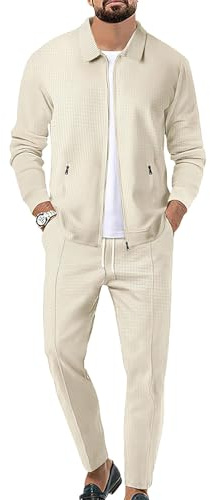 aromm Hombre Chándales Waffle Manga Larga Cremallera Completa Chaqueta & Pantalón Juego de 2 Piezas Beige para Casual Deporte Trabajo, XL