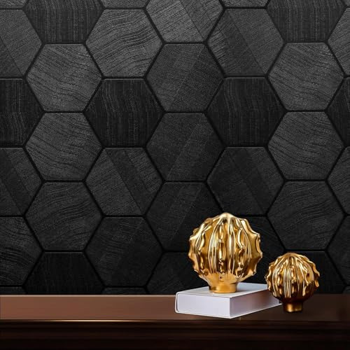 Cismmy Black Peel and Stick Wallpaper Self Adhesive 3D Hexagon Geometric Embossed Contact Paper Removable Easy Peel Off Textured Wallpaper for Cabinet Bedroom 15.7 X 118