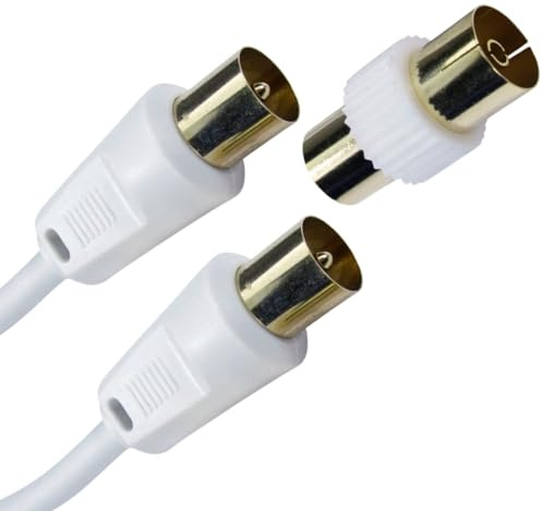Relloh Coaxial TV Aerial Cable - Coax Satellite Cable TV Antenna AV Lead Male to Male Gold-Plated Connectors for FreeView, FreeSat, Sky Box, BT with Male to Female Adaptor (White, 10m)