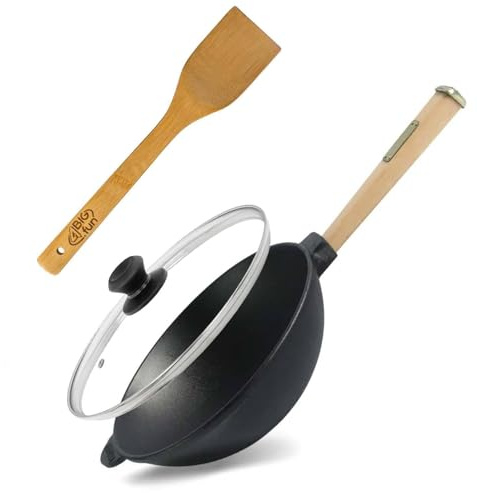 4BIG.fun Wok Bratpfanne Ø26 cm 2,8 L aus Gusseisen mit Holzgriff Glasdeckel Asia Wokpfanne Induktion Pfanne Pfannenwender