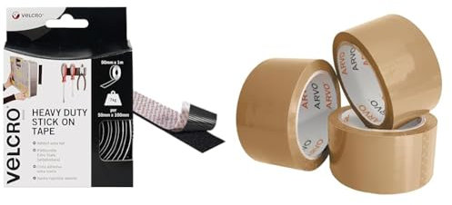 VELCRO Brand Heavy Duty Stick On Tape Cut-to-Length Industrial Extra Strong Double Sided Hook & ARVO Parcel Tape Strong Heavy Duty General Purpose Packing Tape 3 Rolls with Low Noise - 48mm x 60m
