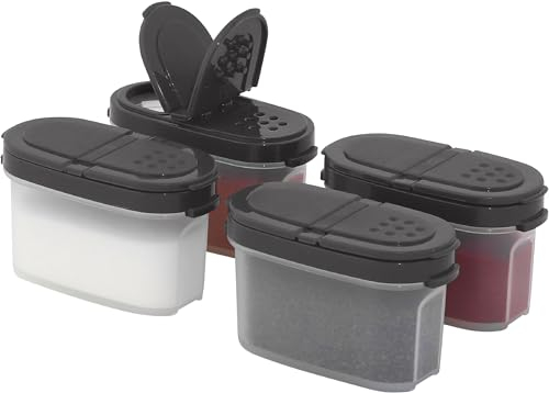SIGNORA WARE Set di 4 contenitori per spezie in plastica, per conservare spezie, erbe, marinate, zucchero, sale, pepe, piccoli barattoli ermetici ricaricabili con coperchio a 2 vie