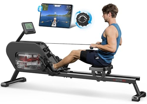 Wasser Rudergerät für Zuhause, 16-stufiger Magnetwiderstand, Bluetooth-Monitor, Kinomap, 150kg Gewichtskapazität Doppelter Widerstand Rudergerät mit Gleitschiene aus Aluminium, Tablet-Halterung