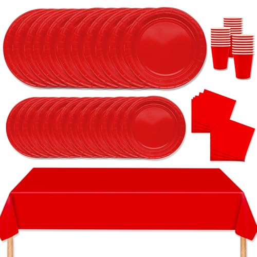 MORAINJAY 69Pcs Party Tableware Set,Red Dinnerware Set with Plates,Tablecloth,Napkins,Cups,Solid Color Table Decorations for Birthday,Wedding,Picnic,Baby Shower,Party Supplies for 16 Guests
