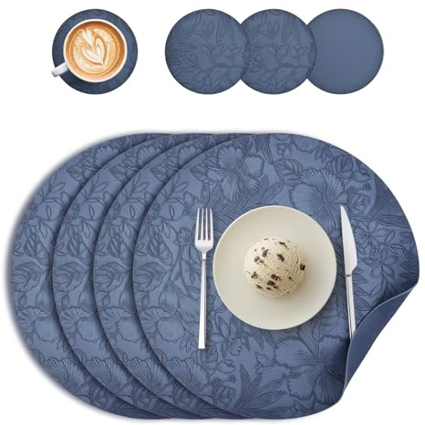 Tovagliette e Sottobicchieri Set di 4, Tovagliette Rotonde in Pelle Tovagliette americane Lavabili Bifacciale Non-scivolose Tovagliette Plastica (Blu scuro)