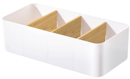 WOKICOR 4 Fächer Organizer Fernbedienungen, Bambus Stiftehalter mit Abnehmbar Fächer, Multifunktional Büro Schreibtisch Organizer für Stifte, Haftnotizen, Brille, Schere(Weiß)