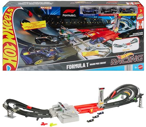 Hot Wheels Spielzeugauto-Trackset, Formel 1 Grand Prix-Rennstrecke-Trackset mit 3 Die-Cast-Spielzeugautos im Maßstab 1:64 und zwei Rennmodi mit einem motorisierten Beschleuniger, JLB13