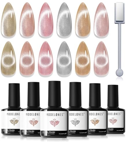 Modelones Cat Eye UV Gel Nagellack Magnet 6 Farbe Gel Nagellack Nail Polish Manicure Soak Off UV Nägel Gellack für Nail Art - Rosa Nude Silber Gelb