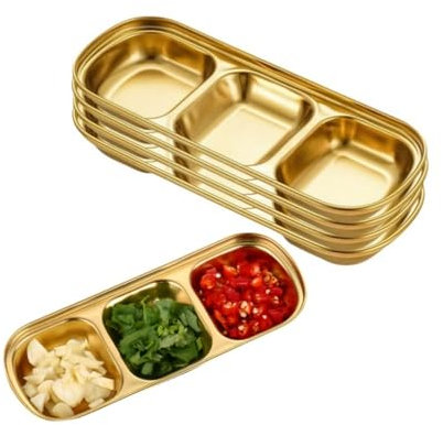 XZJMY 5 cuencos de acero inoxidable con 3 rejillas divididas para salsas, aperitivos, platos para servir aperitivos, platos cuadrados pequeños para condimentos, para cocina, hogar, barbacoa y cena de