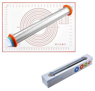 Stainless Steel Rolling Pin, Rouleau à pâtisserie et Tapis de Cuisson, Rouleau à Pâtisserie Antiadhésif Ajustable en Acier Inoxydable avec Anneau Réglable pour Fondant, Pizza, Pâtes, Biscuits (Rouge)