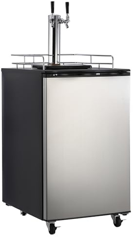Beer Kegerator, Dual Tap Draft Beer Dispenser, Full Size Kegerator and Keg Beer Cooler With Shelves & Drip Tray & 4 Casters, Stainless Steel Keg Dispenser, 32°F- 50°F Temperature Control, 170L