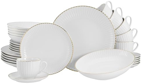 CreaTable, 20753, Serie Allegra Goldband, 30-teiliges Geschirrset für 6 Personen, Kombiservice aus Porzellan, Made in Europe