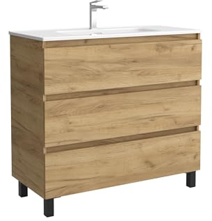 Mueble de Baño BEQUIA 3C 100cm Roble | Lavabo Porcelana Centrado