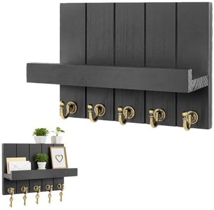 ORARTMM Wooden Key Rack with 5 Hooks, Decorative Wall Shelf for Keys, Key Rack with Shelf, Wooden Keys Cabinet for Entrance, Hallway, Living Room, Black