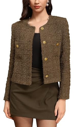 M.Infisavo 2026 Women Cropped Tweed Blazer Woolen Boucle Jackets Spring Fall Winter Elegant Business Casual Outfits Brown