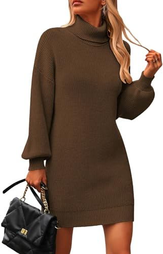 Zeagoo Robe Pull Femme Manche Longue Col Roulé Tricot Robes Hiver Chic et Elegant Moulante Mini Robe Marron M