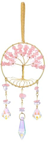 JSDDE Rose Quartz Crystal Tree Life Hanging Ornament Flower Healing Crystal Gemstone Glass Suncatcher for Home Garden Window Wall Decoration Gifts