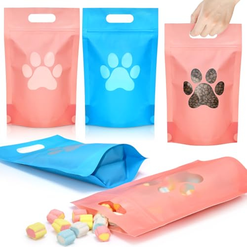 Gersoniel 50 Pcs Paw Dog Treat Bags Gift Bags with Window Resealable Stand up Plastic Zipper Pouches for Canine Delights or Dog Party Supplies, Blue and Pink