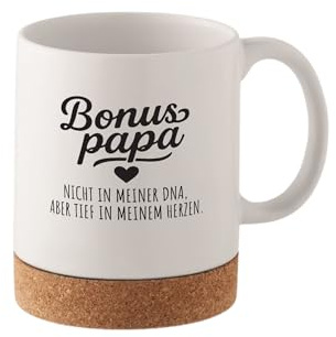 wunderwunsch Tasse Kaffeetasse mit Korkboden, Kaffeebecher als Geschenk für Mom, Mutter, Mama, Stiefvater, Stiefpapa, Papa zum Frauentag, Muttertag und Vatertag (Bonuspapa)