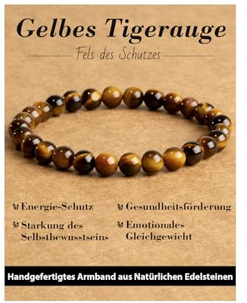 Landorilo Bracelet en Pierres Naturelles Thérapeutiques de 6 mm, Adapté aux Femme et aux Homme, Bracelets en Perles de Cristal Élastiques, Cadeau d'anniversaire ou de Noël（Oeil De Tigre Jaune）