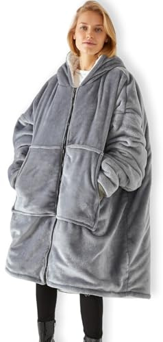 HULG Oversized-Decke mit Reißverschluss und Kapuze, tragbare Decke, Unisex-Fleece-Cardigan mit Kapuze und Schneeleopard-Motiv, Einheitsgröße (grey)