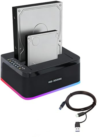 Dual-Bay RGB Hard Drive Docking Station with Offline Clone Function, 2x20TB USB 3.0 SATA HDD/SSD Duplicator Dock, UASP & Trim Support, Plug & Play for 2.5/3.5 Inch HDD/SSD, Includes USB-A to C Cable