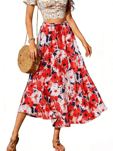 Koerye Faldas Largo para Mujer Maxi Verano Falda de Gasa Elegante Faldas A-Línea Casual Elástica Alta Falda Larga Falda Maxi con Cordón