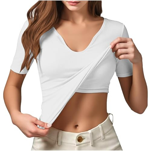 Camisetas De Manga Corta para Mujer con Sujetador, Cuello En V, Básicas Entrenamiento, Yoga, Sujetador Deportivo Relleno Blusas Brillantes Moda Camisa