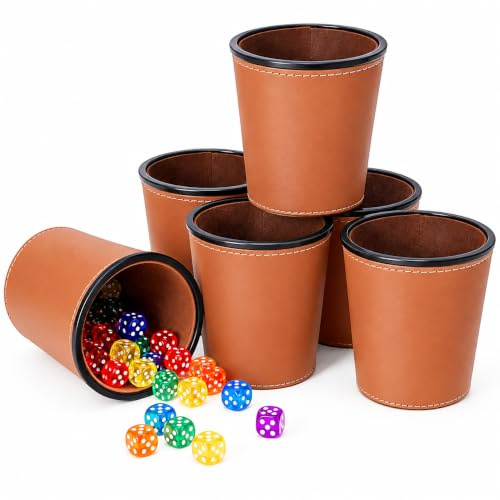 CLIUNT Schocken Set, Knobelbecher Leder, 6 Würfelbecher Leder mit 36 Würfeln, Reisespiele für Erwachsene, Zwanglose Barspiele und Zubehör, für Bar Party Casual Camping (Braun)