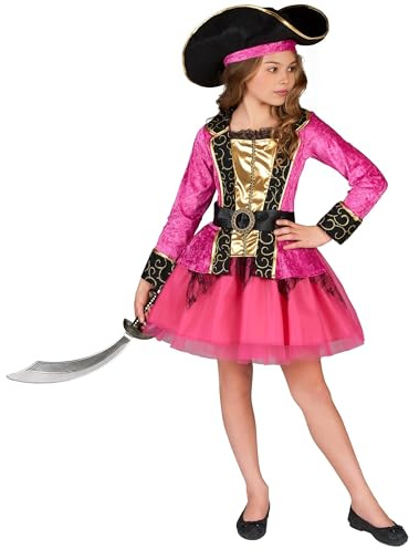 DEGUISE TOI - Déguisement Pirate rose et or fille - Robe - Chapeau - Ceinture - S 4-6 ans (110-120 cm) - Rose - Déguisements enfants - 100% Polyester - Laver à la main - Carnaval