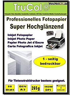 50 Blatt Fotopapier Photopapier DIN A3 265g/qm - einseitig Glossy (glaenzend) - sofort trocken - wasserfest - hochweiß - sehr hohe Farbbrillianz Fuer Inkjet Drucker (Tintenstrahldrucker)