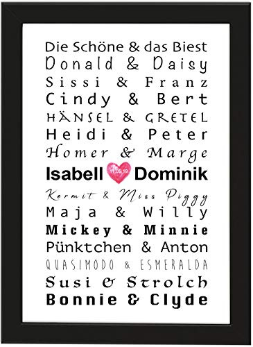 Deqosy Personalisiertes Poster zur Hochzeit DIN A4 Berühmte Paare, Hochzeitsgeschenk, mit oder ohne schwarzem Bilderrahmen, Personalisierbare Poster