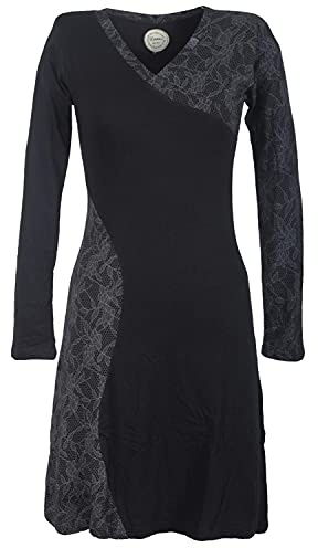 Vishes - Alternative Bekleidung - Asymmetrisches Damen Lagenlook Kleid Baumwolle mit Spitze Bedruckt schwarz 46
