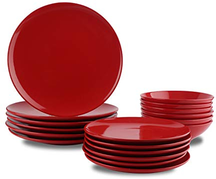 Amazon Basics 18-Piece Stoneware Dinnerware Set - Fire Engine Red, Service for 6