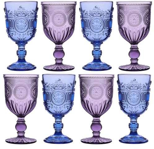 Dibor Coloured Wine Glasses, Set of 8, Blue & Purple Mandala - 300ml Wine Goblets