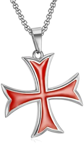 BOBIJOO Jewelry - Pendentif Collier Templier Croix Pattée Huit Pointes Rentrées Acier 316L Argenté Email Rouge Chaîne