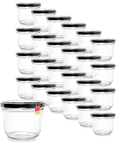Flaschenbauer 24er Set Premium Sturzgläser 230 ml – Vielseitige Marmeladengläser & Einmachgläser mit farbigem Twist-Off-Deckel, inklusive Etiketten. Ideal für Suppen, Dips, Tee, Kräuter (Schwarz)