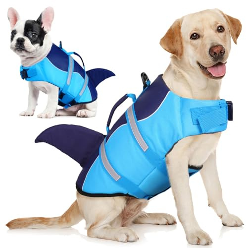 AOFITEE Dog Life Jacket Large, Shark Dog Life Vest for Swimming Boating, High Flotation Reflective Dogs Swimming Vest Lifesaver with Rescue Handle, Pet Swimsuit for Small Medium Large Dogs, L