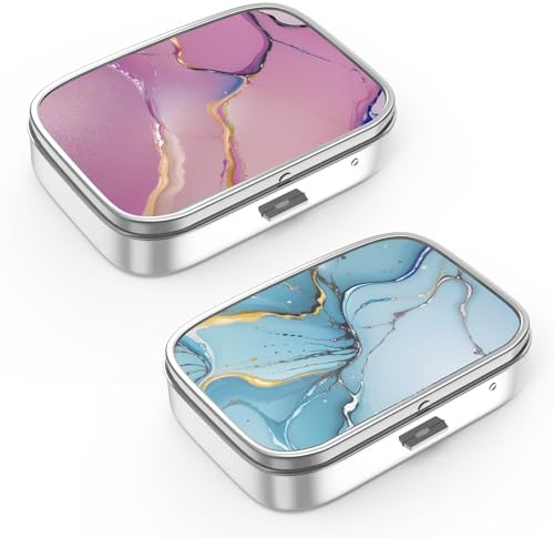 Pillendose mit 2 Fächern, tragbare Pillendose für Tasche oder Geldbörse, dekorative Metall-Medizin-Vitamin-Organizer, einzigartiges Geschenk (2 Stück, Set mit 2 Farbverlauf + blauer Marmor)